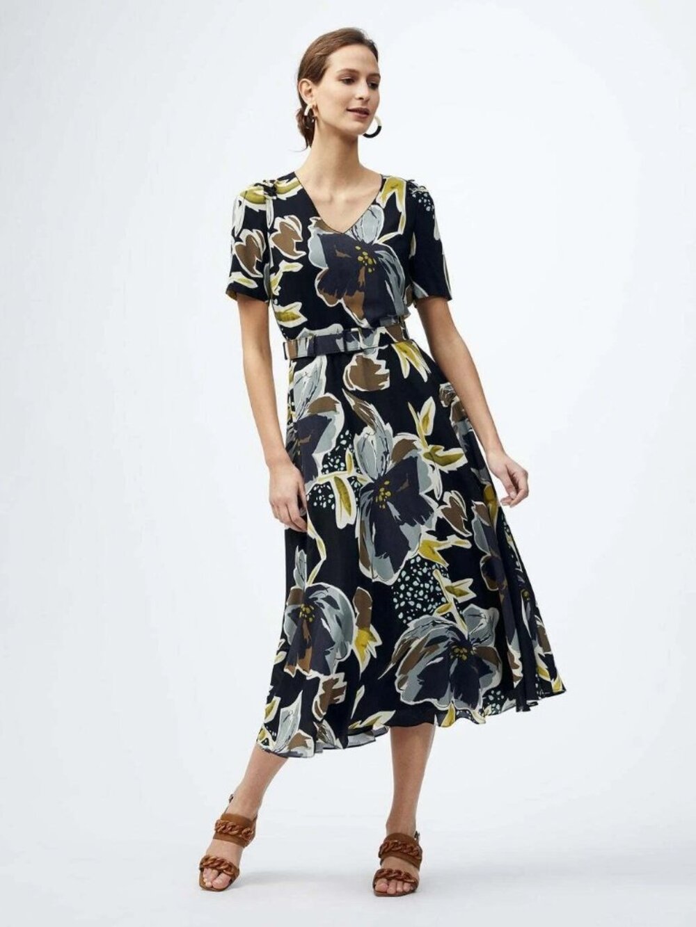 NWOT Silk Lafayette 148 Roland Belted Poppy Floral print Day Dress V-neck